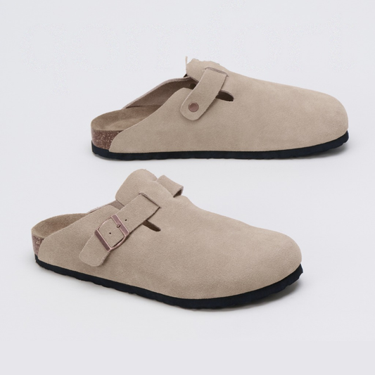 The Premium Suede Clog in Slate, pair