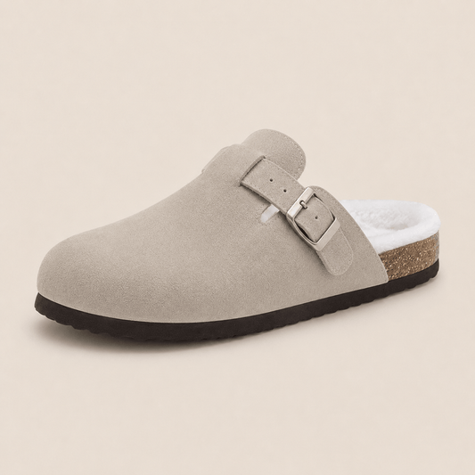 The Faux Fur-Lined Suede Clog in Grey